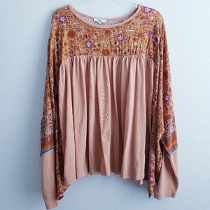 Easel Peachy Blush Floral Flowy Peasant Blouse Size Large EUC